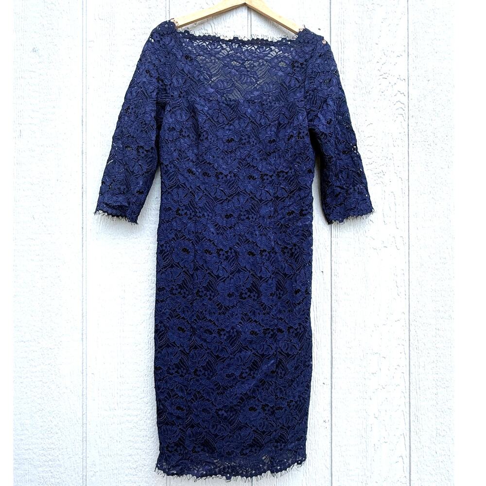 WORTH New York dark navy blue lace 3/4 sleeve knee length cocktail formal dress